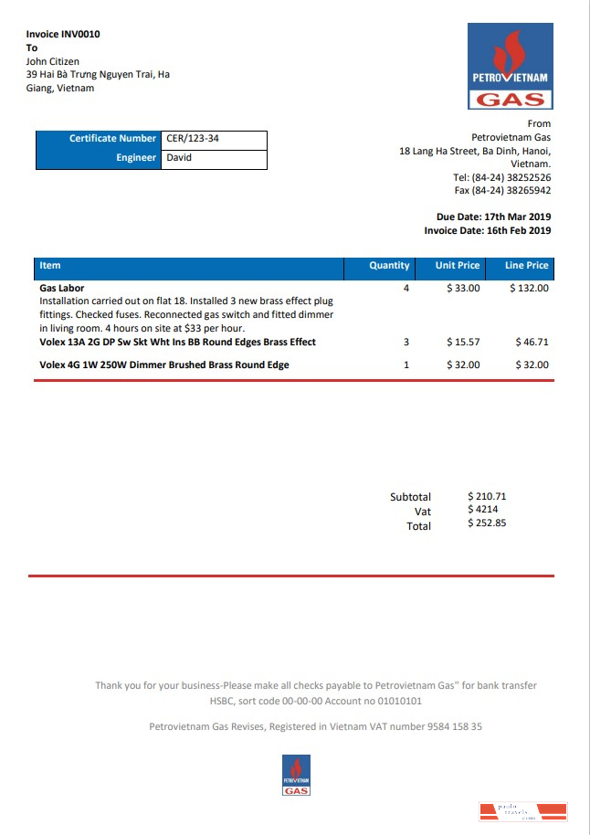 Vietnam Petrovietnam Gas utility bill template in Word and PDF format